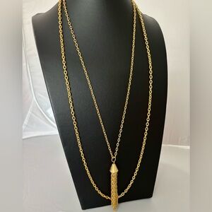 Gold Tone Layered Chain Tassel Necklace Set Vintage 80s 90s Statement Jewelry